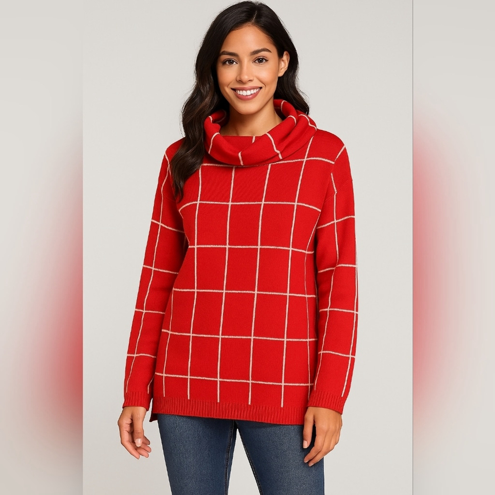 KIRUNDO Orange Windowpane Turtleneck Sweater
